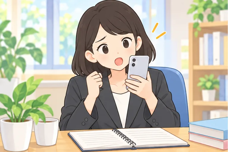スマホを顔の前に持ち、同じ言い回しを声に出して練習する女性のイラスト