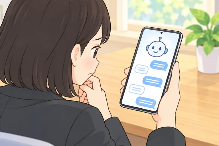 決まった形の吹き出しが並ぶAIとの会話に、少し物足りなさを感じる女性のイラスト