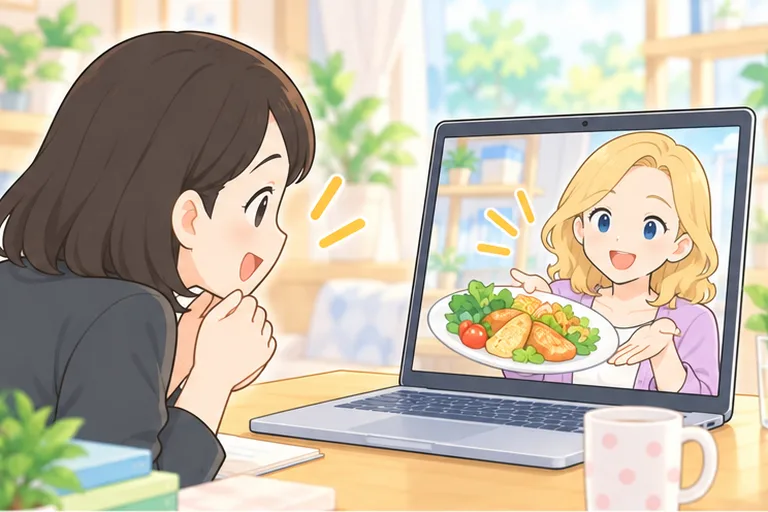 画面越しに講師の手料理を見せてもらい、楽しく雑談する女性のイラスト