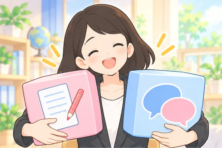 答案用紙の箱と吹き出しの箱を両腕に抱えて、得した笑顔を見せる女性のイラスト