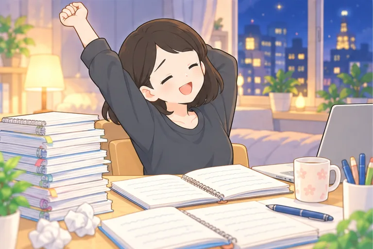 書き終えたノートを机に積み重ねて、満足そうに伸びをする女性のイラスト