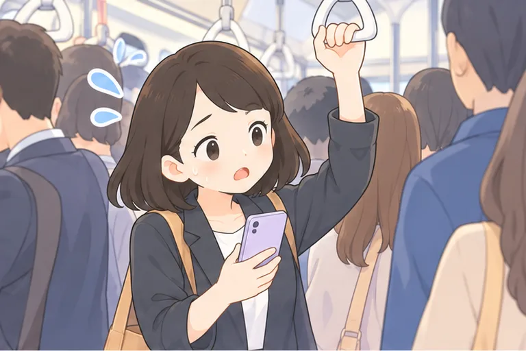 混んだ電車でノートを広げられず、スマホを手に少し困る女性のイラスト