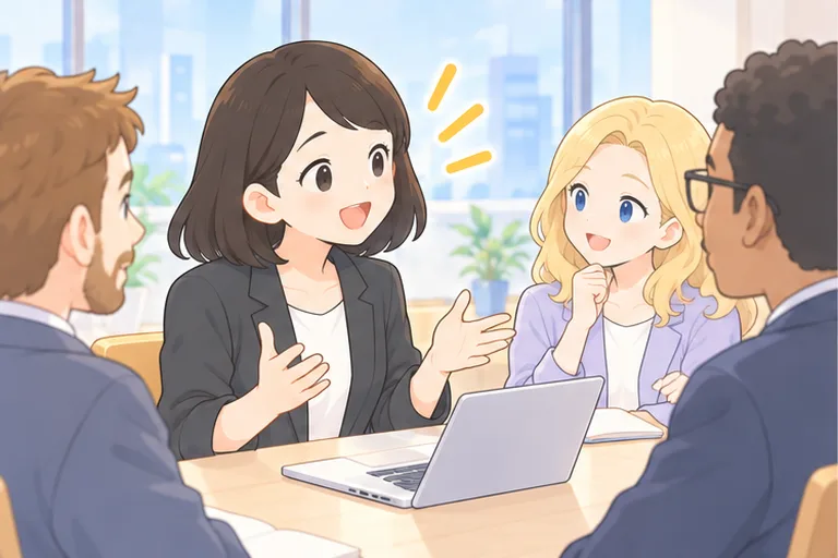 会議室で手元のメモを見ずに、堂々と英語で意見を話す女性のイラスト