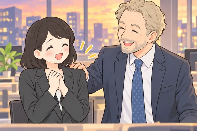 夕方のオフィスで、外国人の上司に肩をたたかれて褒められ、はにかむ女性のイラスト