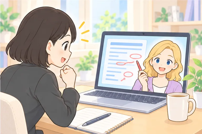 女性会社員が書いたメールの下書きを、赤ペンで直す画面の女性講師のイラスト