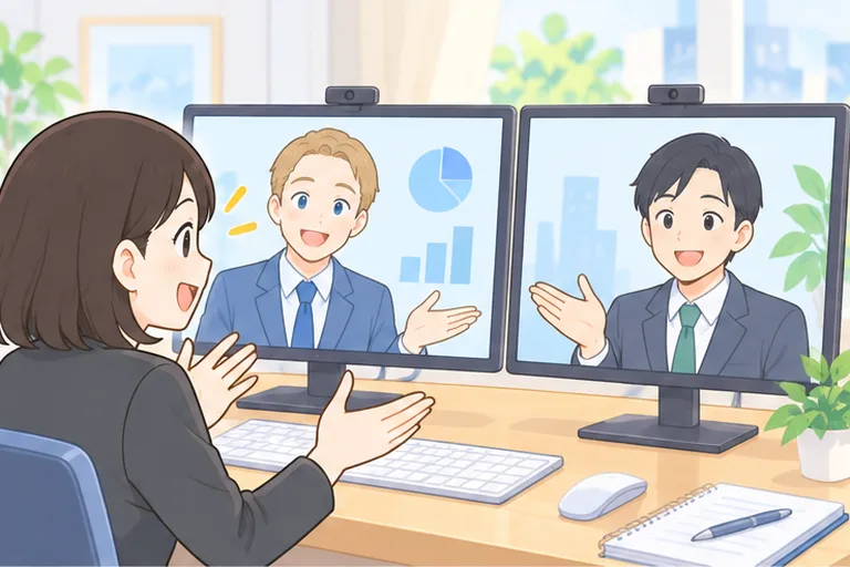 2つのモニターに映る欧米とアジアの取引先と、それぞれ笑顔で話す女性会社員のイラスト