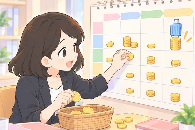 カレンダーの週ごとのマスに、出張の週だけ多めにコインを配分して置く女性のイラスト