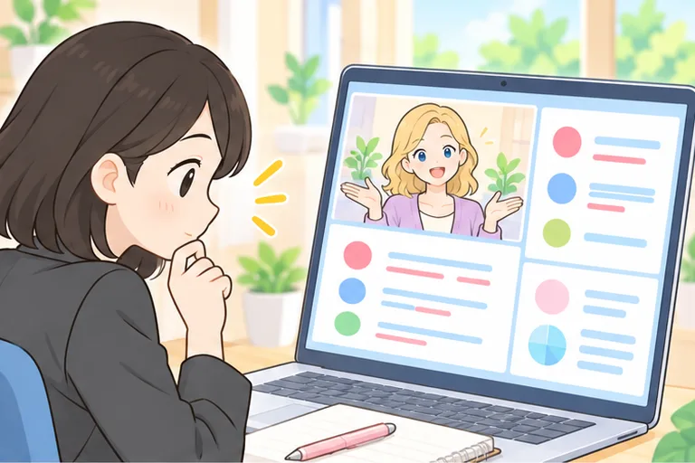 レッスン後、画面の色分けされた印を見て言い間違いを確かめる女性のイラスト