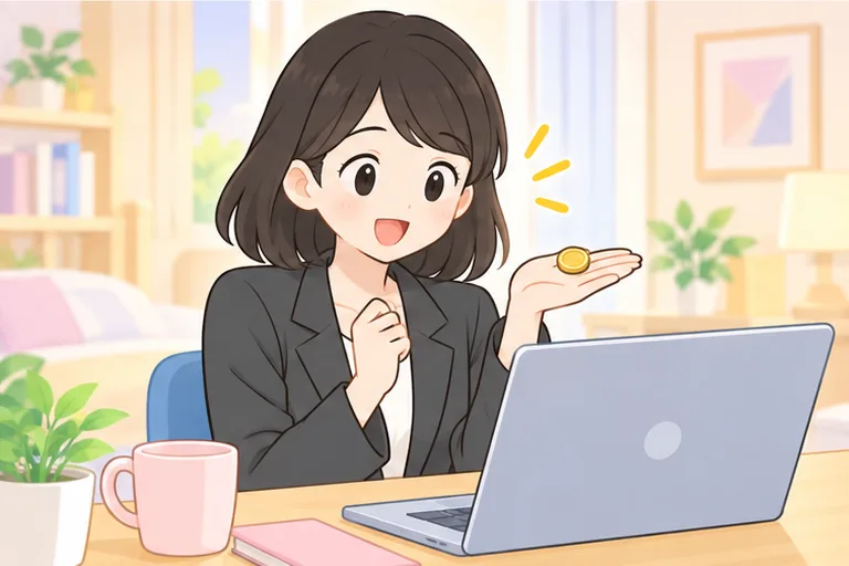 硬貨1枚を手に、ノートパソコンの前で初めての体験レッスンを待つ女性のイラスト