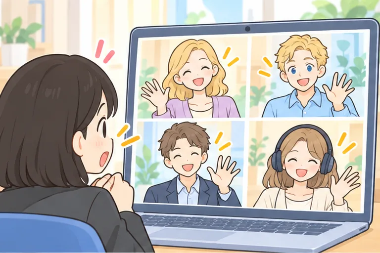 画面に並ぶ4人の講師を見て、自分の学習チームを考える女性のイラスト