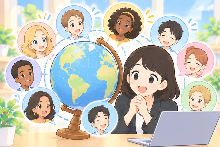 地球儀のまわりに浮かぶ、さまざまな国の講師の顔を見て目を輝かせる女性のイラスト