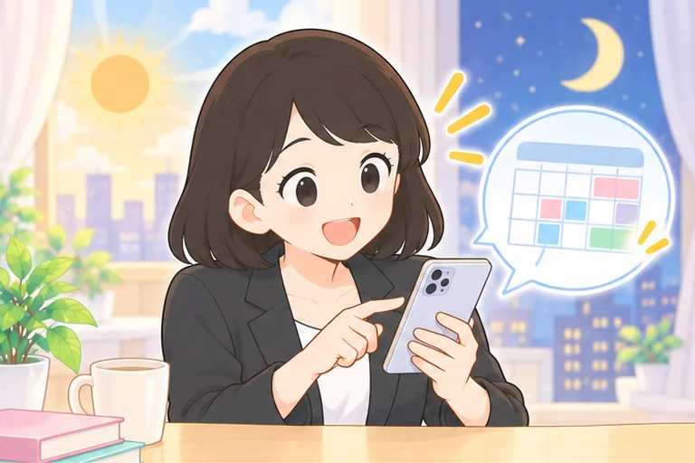 昼と夜が半分ずつ見える窓の前で、スマホからレッスンを予約する女性のイラスト