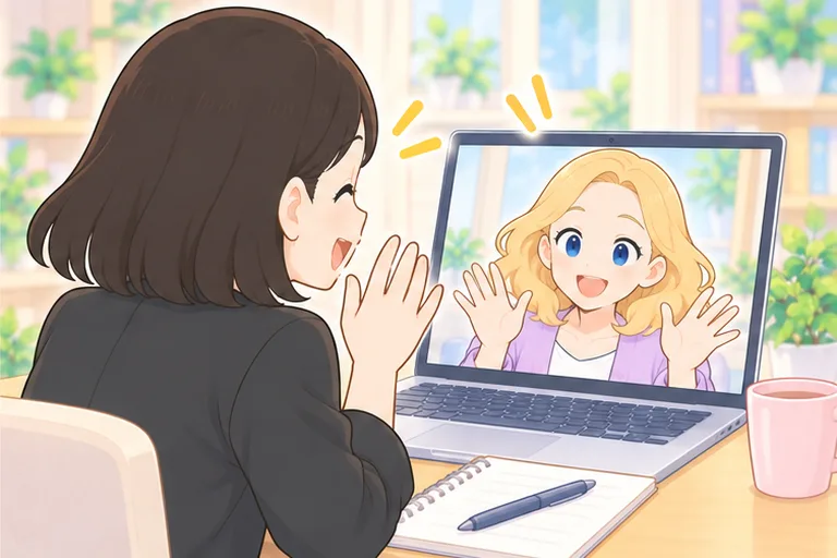 初めてのレッスンで、画面の女性講師と笑顔であいさつを交わす女性のイラスト