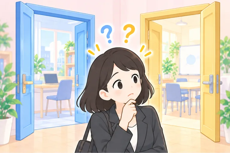 色の違う2つの扉の前に立ち、どちらに入るかじっくり考える女性のイラスト