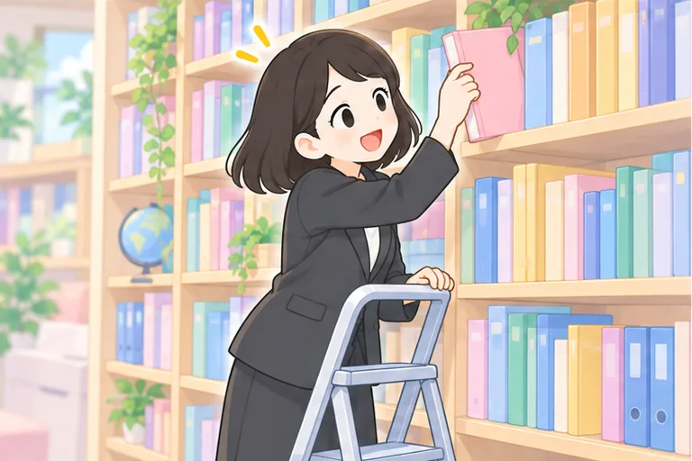 壁一面の本棚にぎっしり並ぶ教材から、読みたい1冊を楽しそうに選ぶ女性のイラスト