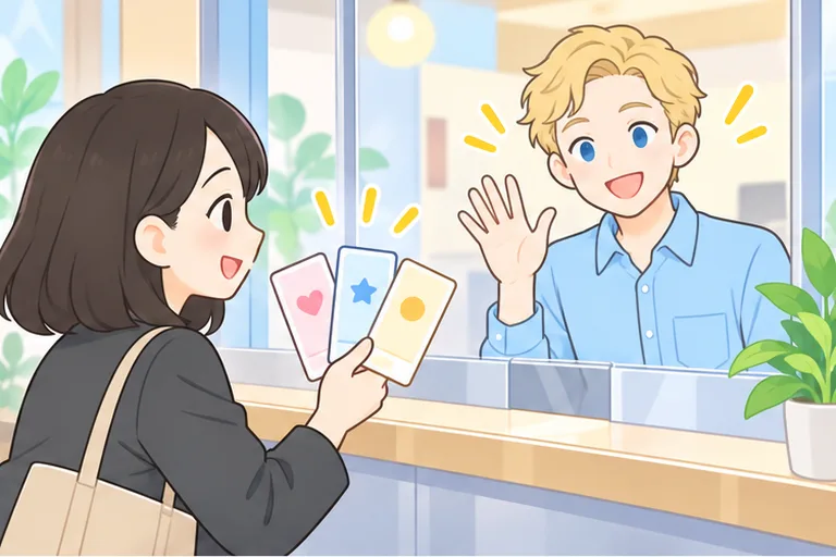3枚のチケットを窓口に差し出して、奥で待つ男性講師のレッスンに向かう女性のイラスト