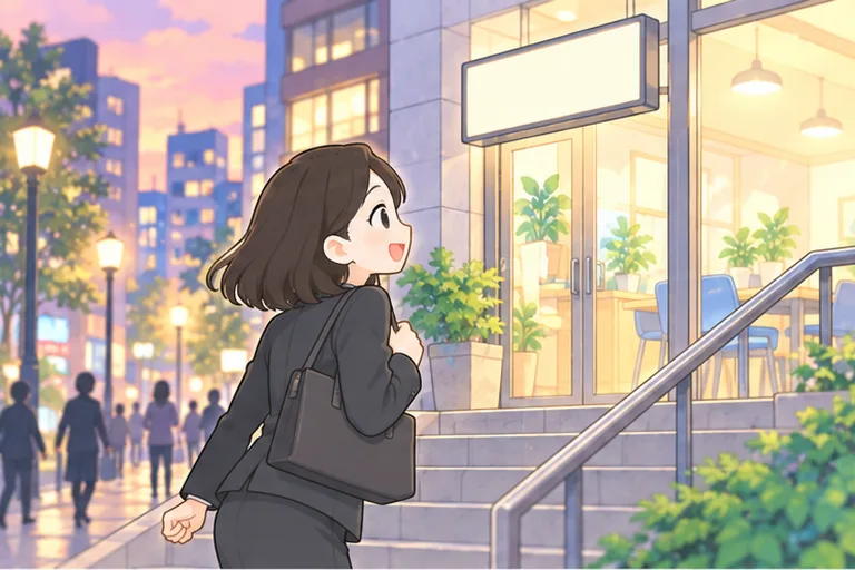 夕方の駅前で、仕事帰りに英会話教室の入口へ向かう女性会社員のイラスト