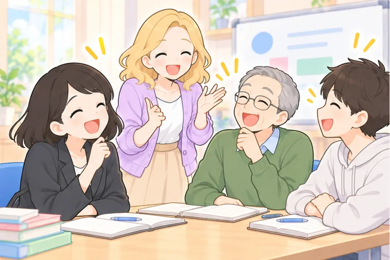 教室のグループレッスンで、女性講師の話に声を出して笑う生徒3人のイラスト