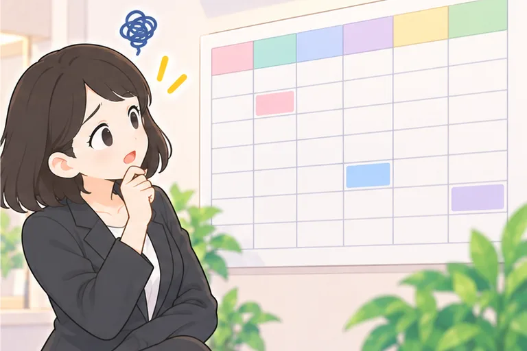 印の少ない1週間の時間割表を見て、もっと受けたそうに首をかしげる女性会社員のイラスト