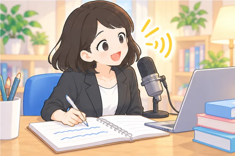 スタンドのマイクに向かって話しながら、ペンでノートに書いている女性会社員のイラスト