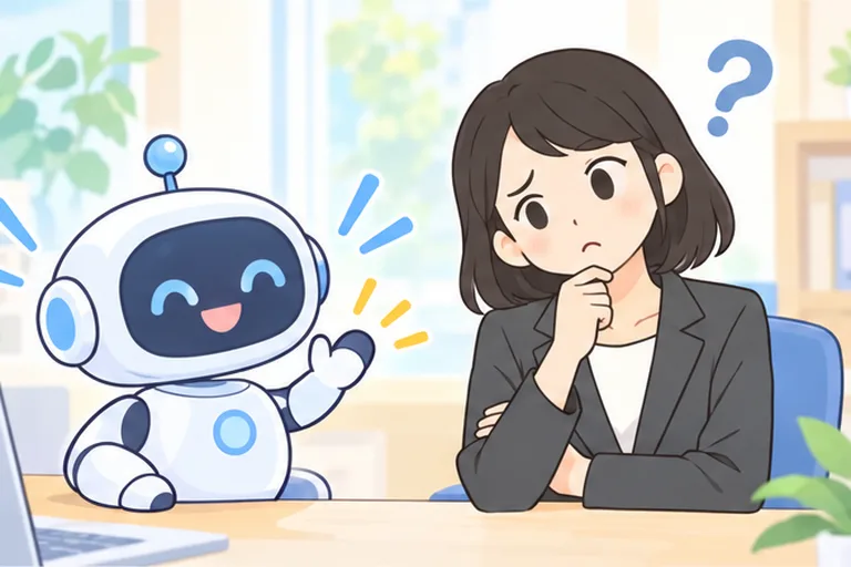 にこにこ手を振る小さなAIロボットを前に、腕を組んで首をかしげる女性会社員のイラスト
