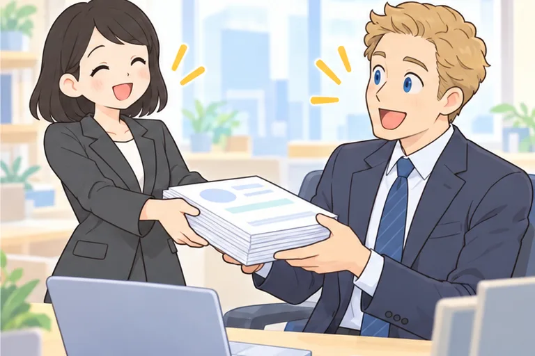 自分で書いた英語の資料を、外国人の上司に胸を張って手渡している女性会社員のイラスト