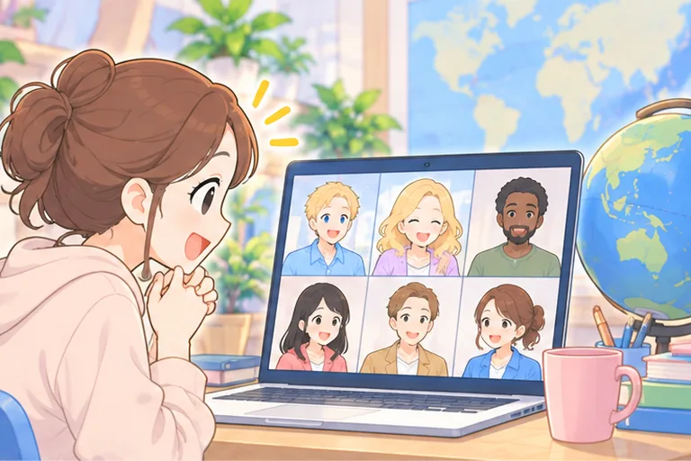 いろいろな国の講師の顔が並ぶ画面を、地球儀の横でわくわく眺める大学生の女性のイラスト