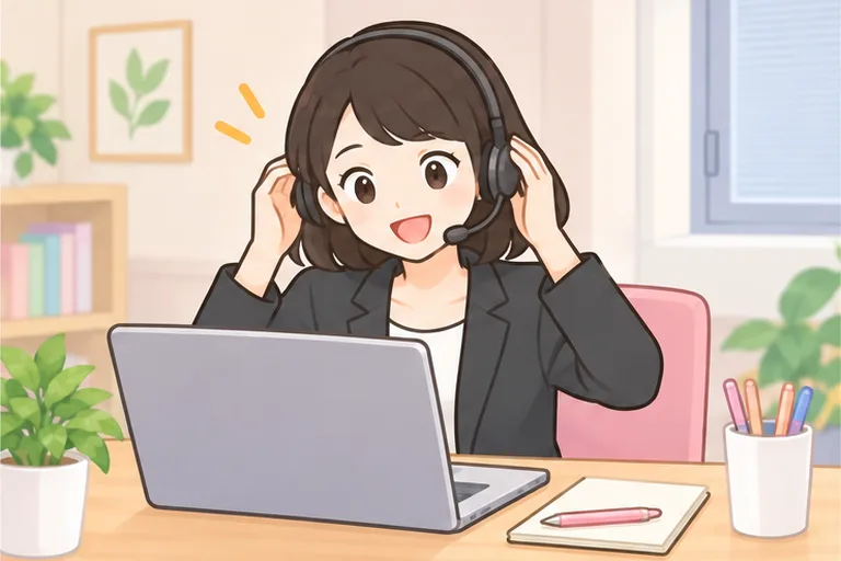 静かな部屋でヘッドセットを整え、レッスン開始を待つ女性のイラスト