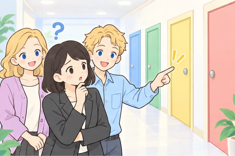 廊下に並んだ色違いの扉の前で、男性講師が入る順番を指さして女性に案内しているイラスト