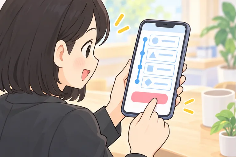 スマホの手続き画面の入力欄を一つずつ埋めて、最後のボタンを押そうとしている女性のイラスト