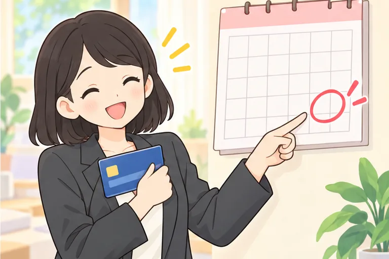 カレンダーの最後の日の丸印を指さし、カードを胸に抱えてほっとする女性のイラスト