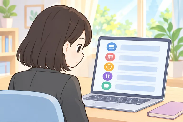画面の表で、申し込む前の条件を確かめる女性のイラスト