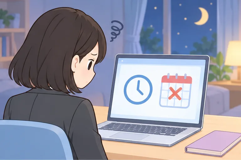 夜、画面の時計とカレンダーを見て、キャンセルの期限を気にする女性のイラスト