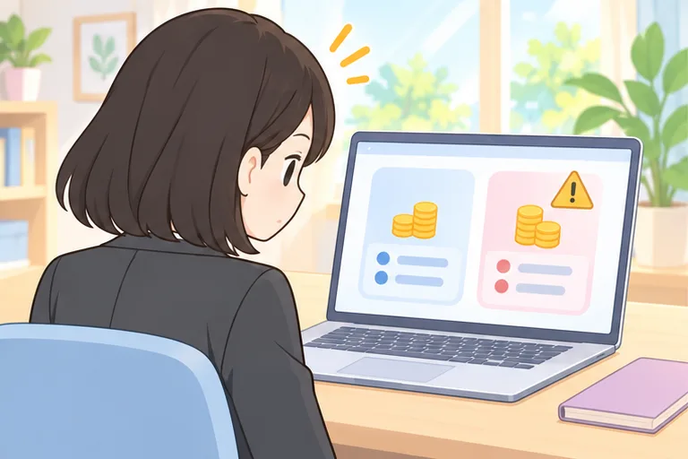 画面の料金カードの注意マークを見て、考える女性のイラスト