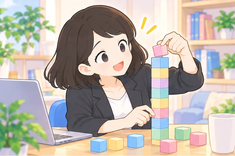 レッスン1回分ずつの小さなブロックを、少しずつ積み上げていく女性のイラスト