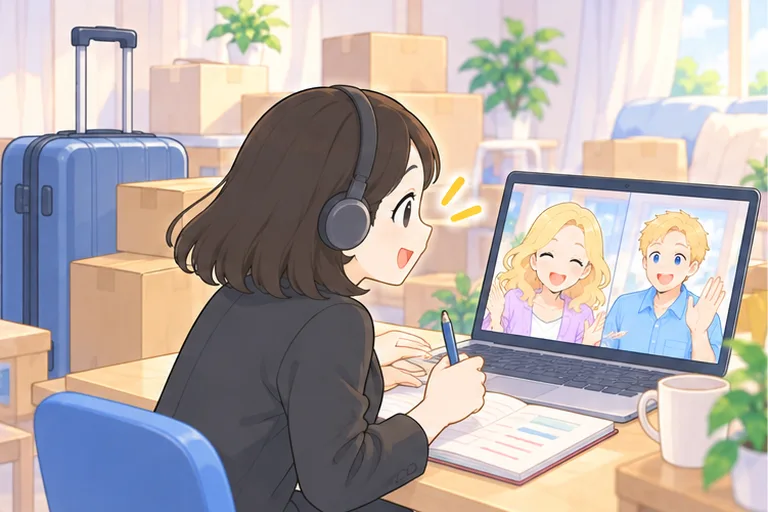 出発前のスーツケースが置かれた部屋で、集中してレッスンを受ける女性のイラスト