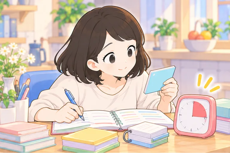 タイマーを置いて、レッスン前の短い時間に予習をする女性のイラスト