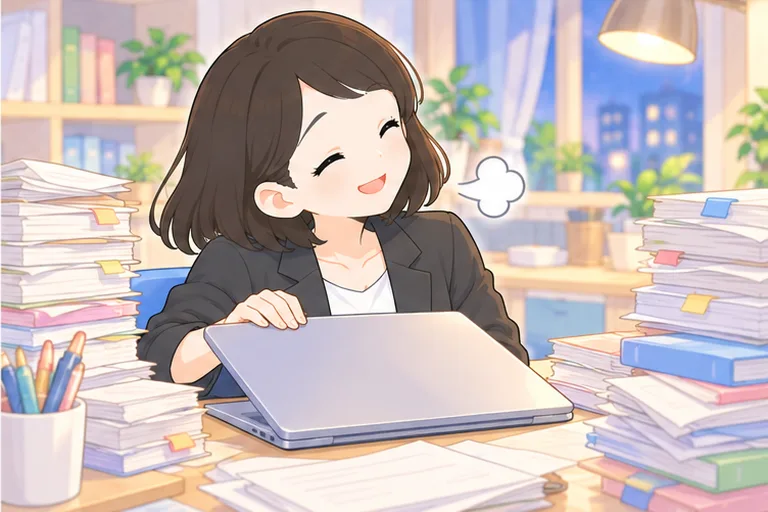 忙しい週でも短いレッスンだけは受けて、ほっとする女性のイラスト