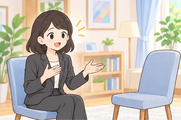 誰もいない向かいの椅子に向かって、一人で受け答えを練習する女性のイラスト