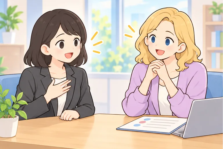 胸に手を当てて自分のことを話す女性と、うなずいて聞く女性講師のイラスト