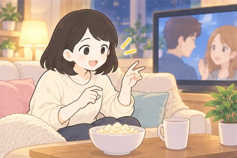ソファで海外ドラマを観ながら、登場人物のまねをして楽しそうに話す女性会社員のイラスト
