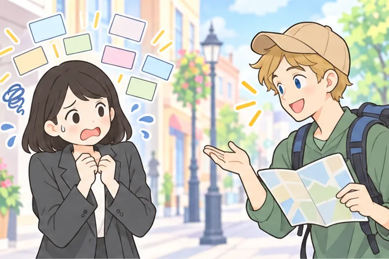 外国人に話しかけられ、頭に単語が浮かんでいるのに言葉が出ず固まる女性会社員のイラスト