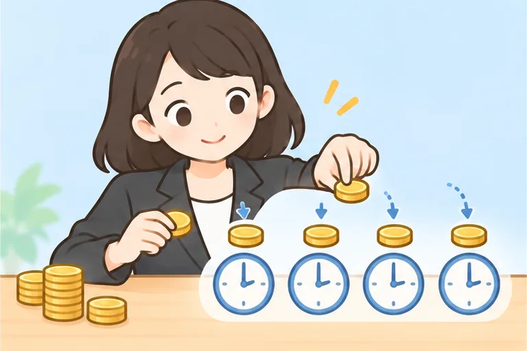 硬貨を1回分ずつレッスンの時計マークに分けて並べる女性のイラスト