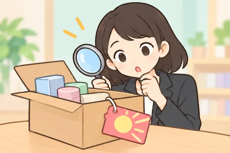 値札のついた箱の中身を虫眼鏡で確かめる女性のイラスト