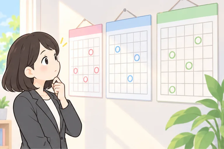壁に並んだ3か月分のカレンダーを見ながら、続ける期間を考える女性のイラスト