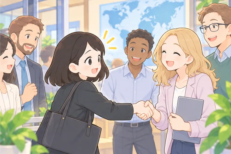 異動先の海外部署のオフィスで、いろいろな国の同僚に笑顔で迎えられる女性会社員のイラスト