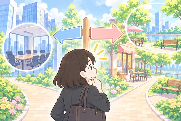 ビル街とカフェに分かれる道の前で、どちらに進むか考える女性会社員のイラスト