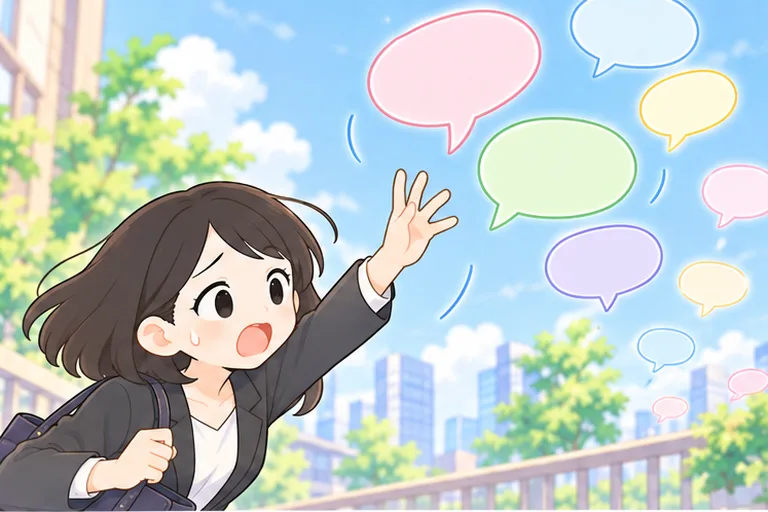 覚えた英語の吹き出しが風船のように飛んでいき、慌てる女性のイラスト