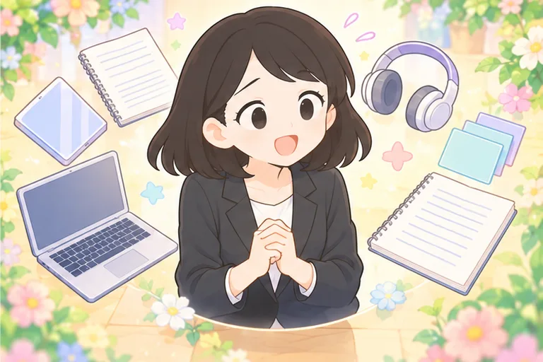 ノートやヘッドホンなど復習の道具が輪になり、満足そうに笑う女性のイラスト