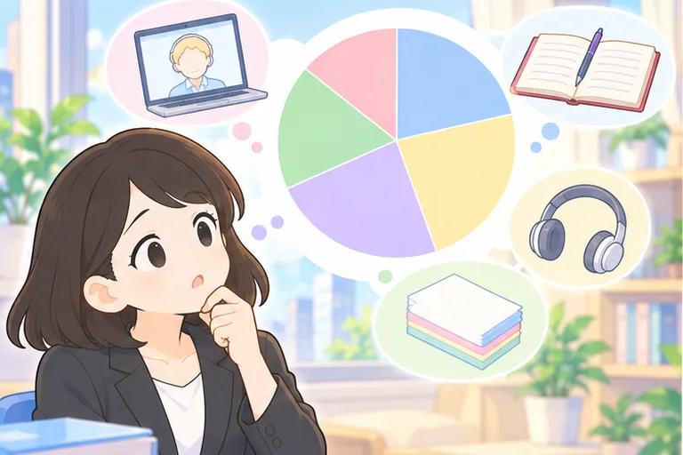 色分けされた円を見上げて、レッスンと復習の時間の配分を考える女性のイラスト